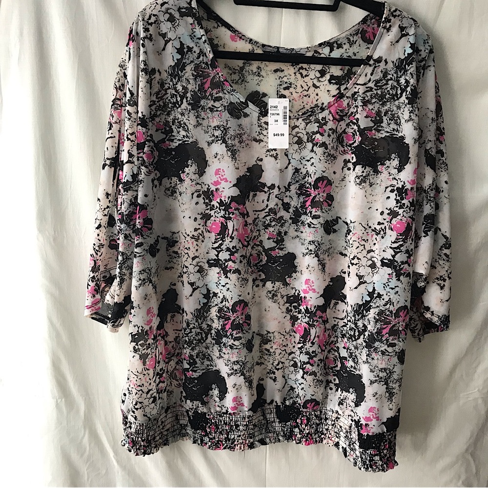 MXM Plus Size 3/4 Length Slit Sleeve Print Shirt, Shirred Waistband, 3X, NWT